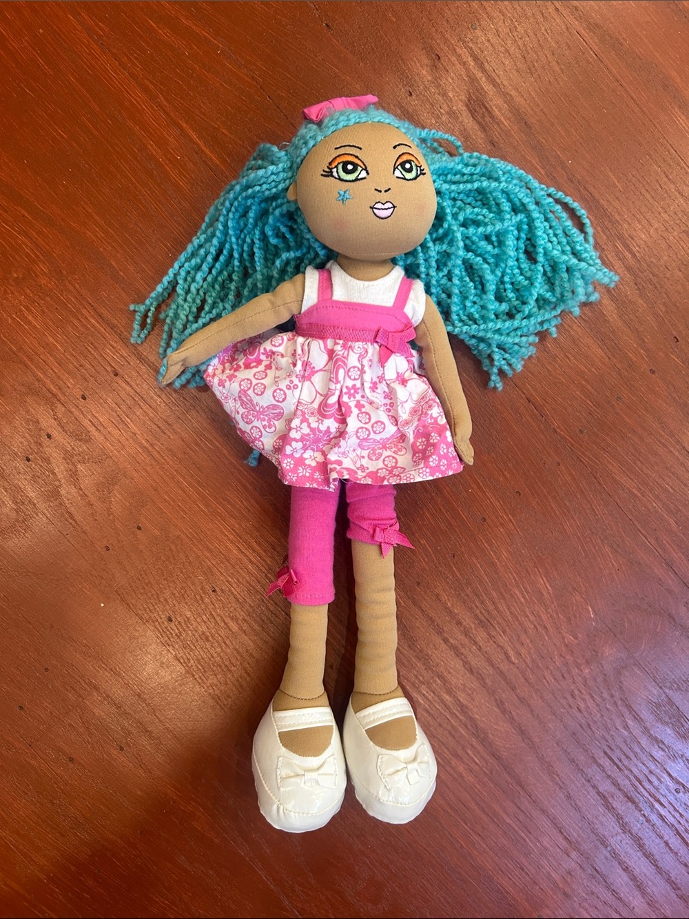 The Children's Place Teal Yarn-Haired Doll in Pink Floral Outfit